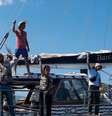 Os tripulantes do barco humanitário "Madleen", entre eles, o brasileiro Thiago Ávila, a eurodeputada franco-palestina Rima Hassan e a sueca Greta Thunberg.  Foto: © Freedom Flotilla Coalition / REUTERS / RFI