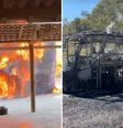 Ônibus ficou totalmente destruído após o incêndio  Foto: Reprodução/Instagram/@bandadjavu.show  