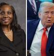 Lisa Cook e Donald Trump protagonizaram polêmica após suposta demissão  Foto: Montagem: Retrato oficial/Divulgação e Chip Somodevilla/Getty Images
