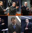 Na foto, da esquerda para direita: Jair Alves Pereira, advogado ne Mauro Cid; Matheus Milanez, advogado de Augusto Heleno; Paulo Renato Garcia Cintra, advogado de Alexandre Ramagem; Demóstenes Torres, advogado de Almir Garnier; Celso Sanchez Vilardi, advogado de Bolsonaro; José Luis de Oliveira Lima, advogado de Braga Netto; Eumar Roberto Novacki, advogado de Anderson Torres; e Andrew Fernandes Farias, advogado de Paulo Sérgio Nogueira.  Foto: Gustavo Moreno-STF/ Rosinei Coutinho-STF/Reprodução-TV Justiça