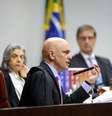 Ministro Alexandre de Moraes dá seu voto no julgamento da trama golpista nesta terça-feira, 9  Foto: Reprodução/Gustavo Moreno/STF