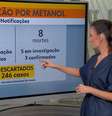 Sabina Simonato percebeu a troca de dados no telão e fez a correção imediata da informação  Foto: Reprodução/TV