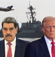 Imagens do presidente venezuelano Nicolás Maduro e do presidente dos EUA, Donald Trump, em frente a um navio de guerra com um caça americano no céu.  Foto: BBC News Brasil