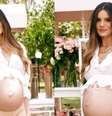 Camila Queiroz exibe barrigão em chá de bebê da filha com Klebber Toledo: festa teve bolo de 4 andares e flores elegantes.  Foto: Reprodução/Instagram, @camilaqueiroz / Purepeople