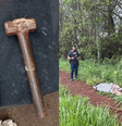 Montagem com as ferramentas que teriam sido usadas no crime e do local onde o padre foi encontrado  Foto: Divulgação/PCMS