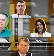 Colagem de fotos com o Congresso Nacional no fundo e fotos de Michelle, Jair, Flavio, Eduardo, Tarcísio, Jair Renan e Carlos Bolsonaro.  Foto: BBC News Brasil