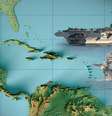 Composição de imagens mostra o mapa do continente americano centralizado na região do Caribe e dois porta-aviões dos Estados Unidos  Foto: BBC News Brasil