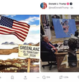 Trump com a bandeira dos EUA fincada na Groenlândia e com o mapa dos Estados Unidos ampliado para incluir Canadá e Venezuela  Foto: Reprodução/Redes sociais 