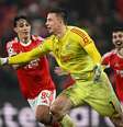 Anatoliy Trubin, goleiro do Benfica, foi o autor do gol que garantiu a classificação do time português aos playoffs da Liga dos Campeões após a vitória contra o Real Madrid  Foto: Octavio Passos - UEFA/UEFA via Getty Images