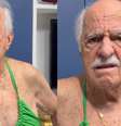 Ary Fontoura, 93 anos, fez uma brincadeira nas redes sociais ao aparecer usando um biquíni na cor verde neon  Foto: Reprodução/Instagram/@aryfontoura