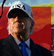 Imagem composta mostra o presidente americano Donald Trump carrancudo, com um boné de baseball branco com a inscrição "USA", casaco azul-marinho, camiseta azul clara e gravata azul, sobreposta sobre uma montagem de guerra, que inclui um tanque e uma explosão, com grandes rachaduras  Foto: Getty Images / BBC News Brasil