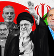 Imagem composta exibindo uma montagem, sobreposta à bandeira iraniana, de fotografias de Ali Larijani, Abdolrahim Mousavi, Mohammad Pakpour, Ali Shamkhani e do ex-líder supremo do Irã, o aiatolá Ali Khamenei, com a mão esquerda levantada, todas em preto e branco; e 
do presidente Masoud Pezeshkian, Mohammad Bagher Ghalibaf e do líder supremo Mojtaba Khamenei, todas coloridas.

  Foto: Getty Images / BBC News Brasil