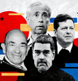 Imagem composta com os rostos de Nicolás Maduro, o juiz Alvin Hellerstein, o advogado de defesa Barry Pollack e o advogado de acusação Jay Clayton. Todos estão em preto e branco e vestem roupas escuras. O fundo em amarelo, vermelho e azul com estrelas lembra a bandeira da Venezuela. À esquerda, está o martelo de um juiz.  Foto: Getty Images/BBC / BBC News Brasil