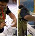 Milena produzindo seu polêmico no suco no BBB 26  Foto: Reprodução | Globoplay