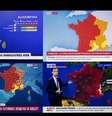 Imagem de diferentes canais de notícias franceses exibindo um mapa da França, durante o pico da onda de calor, em 24 de junho de 2026.  Foto: AFP - JOEL SAGET / RFI