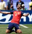 Mikel Merino, da Espanha, comemora gol que garantiu classificação contra a Bélgica, pelas quartas de final da Copa do Mundo de 2026  Foto: Eric Verhoeven/Soccrates/Getty Images