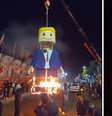 Boneco estilo "Lego" de Donald Trump foi queimado por iranianos  Foto: Reprodução/X/PressTV