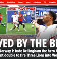 "Jude Bellingham volta a ser herói ao marcar dois gols brilhantes e levar os Três Leões à semifinal da Copa do Mundo".  Foto: Reprodução/ The Sun