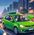 Imagem produzida por IA de taxista levando passageiro em táxi da Duolingo Foto: Gemini / Xataka