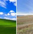 Paisagem do papel de parede "Bliss" do Windows XP, mudou com o passar do tempo Foto: Montagem: Reprodução/Microsoft e Reprodução/Google Street View