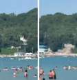Montagem de imagens de pessoas na água do mar enquanto drone cai e explode  Foto: Reuters / BBC News Brasil