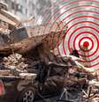 Imagem composta com a foto de um edifício derrubado durante o terremoto na Colômbia e o desenho de círculos concêntricos, indicando ondas em expansão  Foto: BBC News Brasil