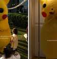 Pikachu interage com crianças durante festa de aniversário de Helena | Amanda Kimberlly vestida de Pikachu  Foto: Reprodução Instagram @akimberllya | Reprodução Instagram @akimberllya