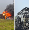 Ônibus da banda gaúcha Chamamento ficou completamente destruído em minutos após incêndio.  Foto: Reprodução/ Redes Sociais