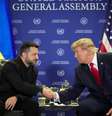 O presidente dos EUA, Donald Trump, e seu homólogo ucraniano, Volodymyr Zelensky, apertam as mãos durante reunião à margem da 81ª Assembleia Geral das Nações Unidas, em Nova York, EUA, em 22 de setembro de 2026.  Foto: RFI