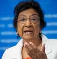 A juíza sul-africana Navi Pillay durante uma coletiva de imprensa em Genebra, em 16 de setembro de 2025.  Foto: © AFP/Fabrice Coffrini / RFI