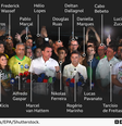 Foto identificando quem estava ao lado de Flávio Bolsonaro durante discurso  Foto: André Borges/EPA/Shutterstock/BBC / BBC News Brasil