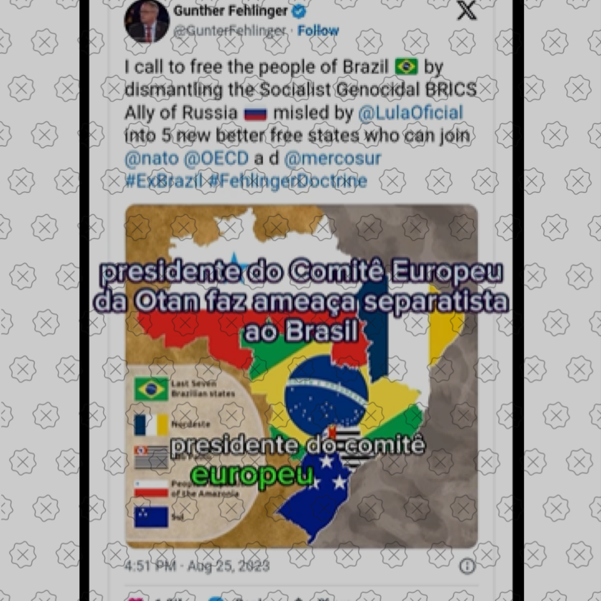 Comprova: Homem que pede divisão do Brasil não é membro da Otan