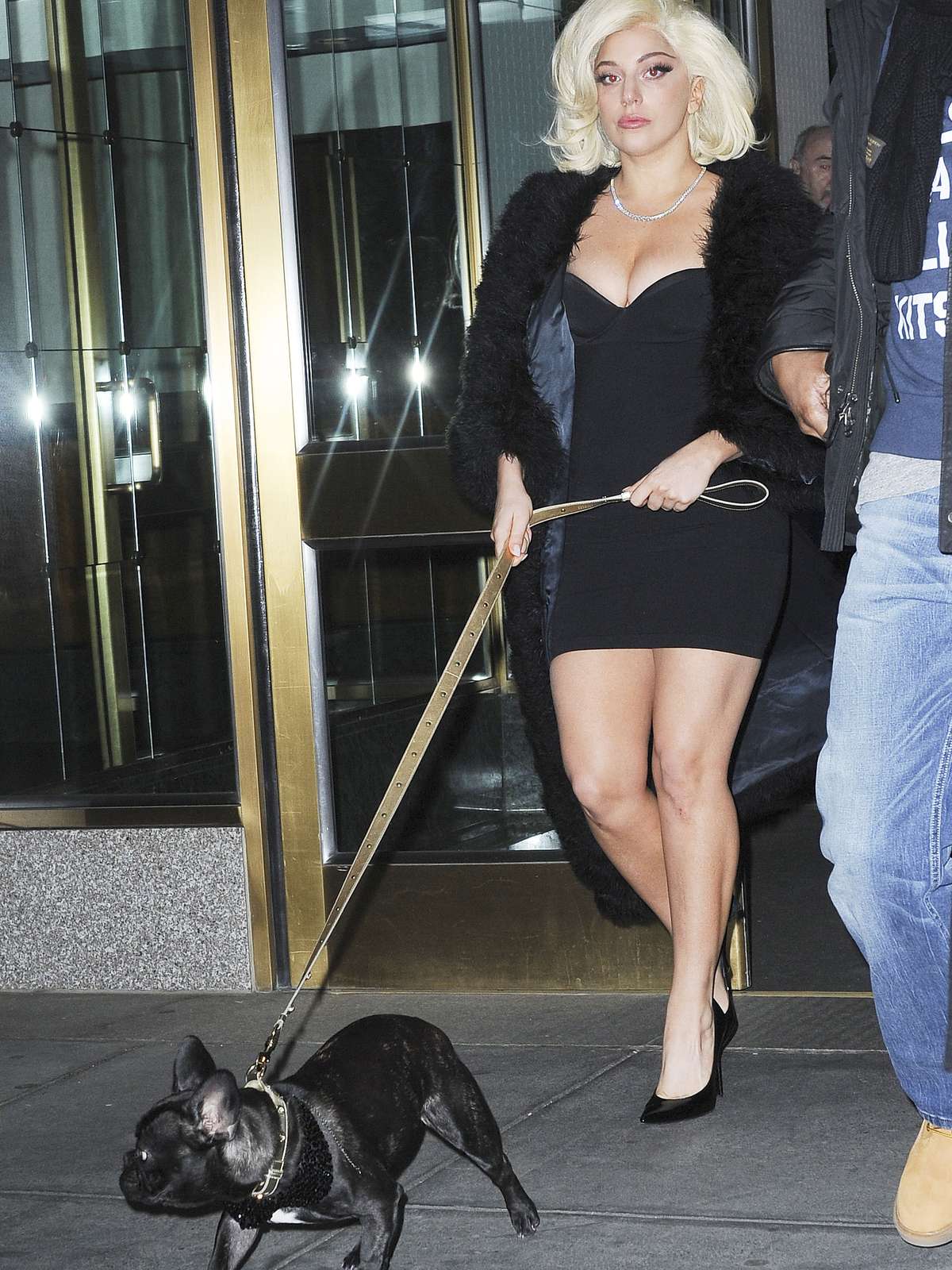 Vestida de Marilyn Monroe, Lady Gaga passeia com cachorro