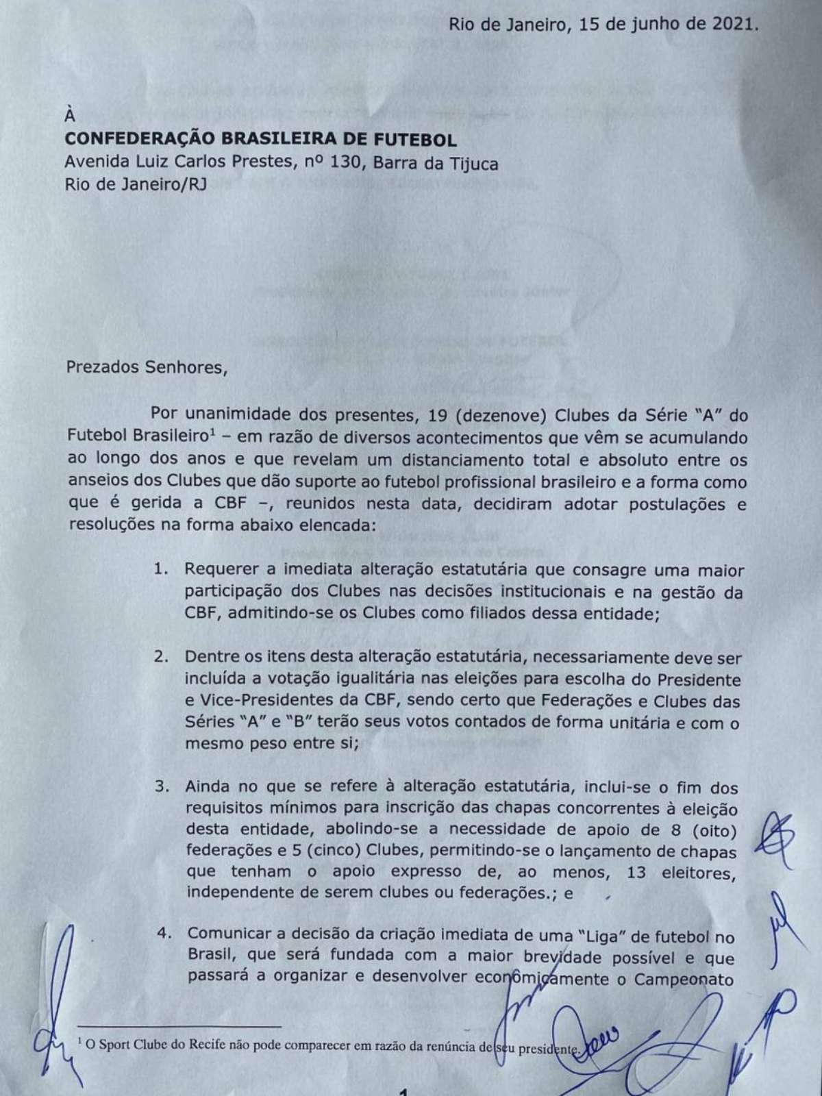 19 clubes da Série A fecham acordo para organizar a Liga de