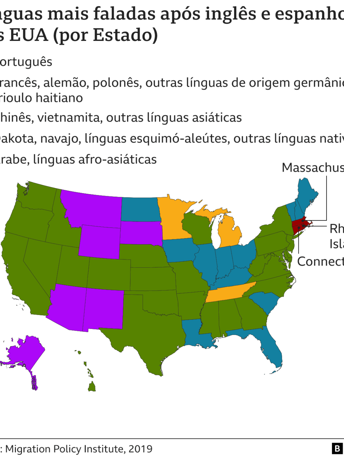 Mapa mostra 3 Estados dos EUA onde português é língua mais falada