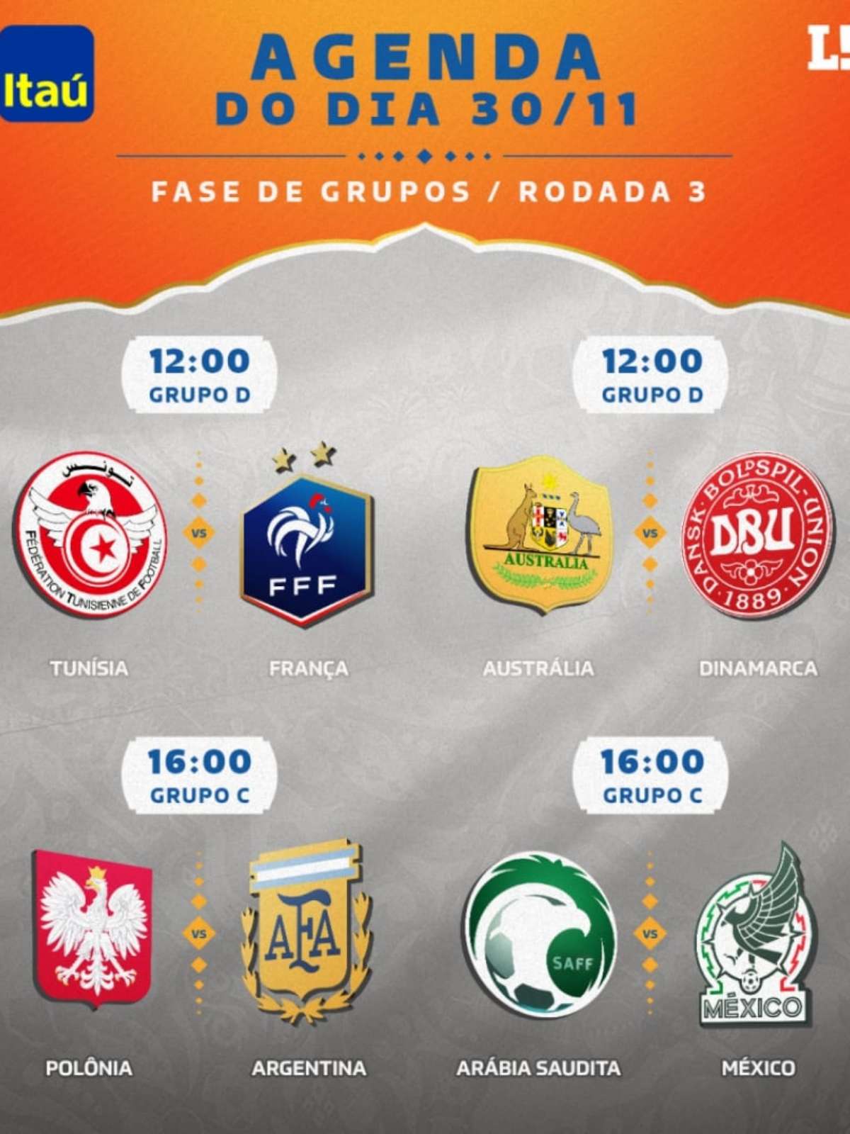 Agenda da Copa: a programação dos jogos desta quarta-feira, 30