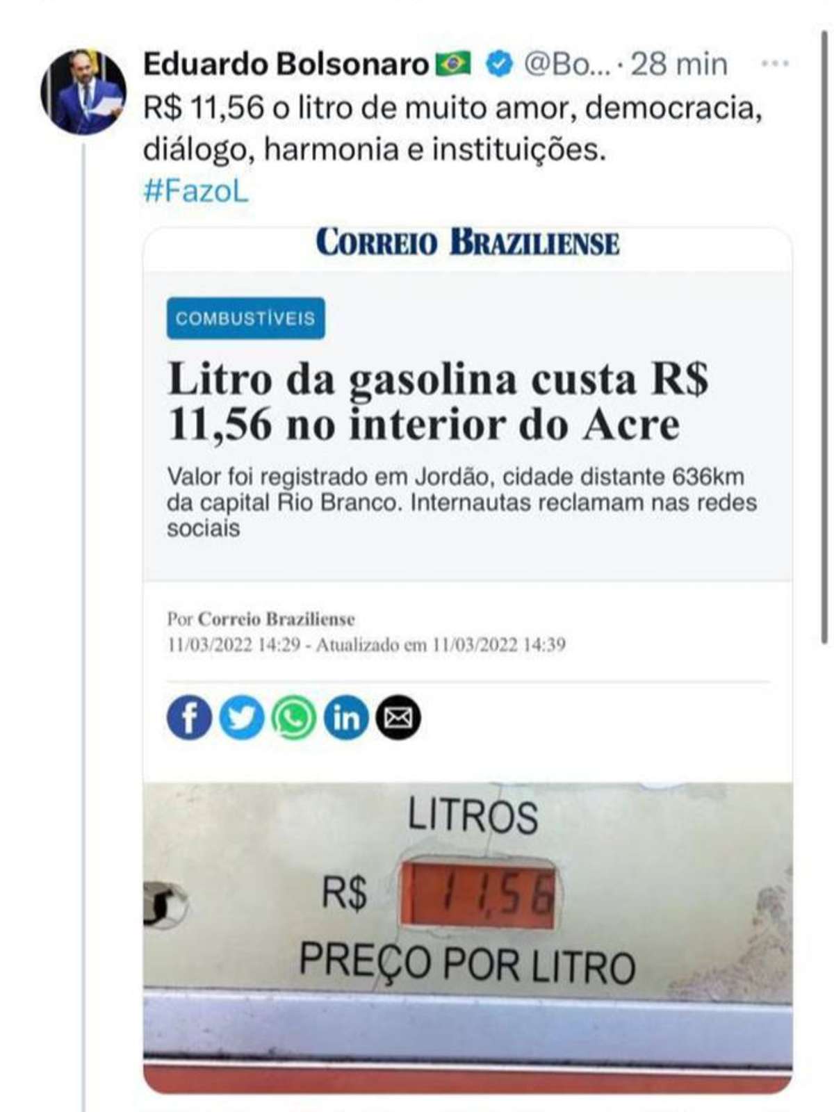 Eduardo critica gasolina a R$ 11,56 com texto da gestão Bolsonaro