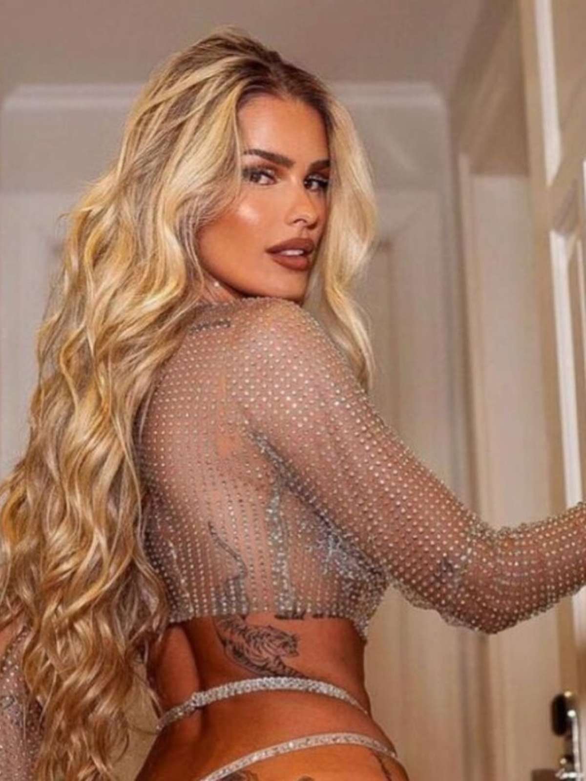 Yasmin Brunet posa com look transparente de pedrarias