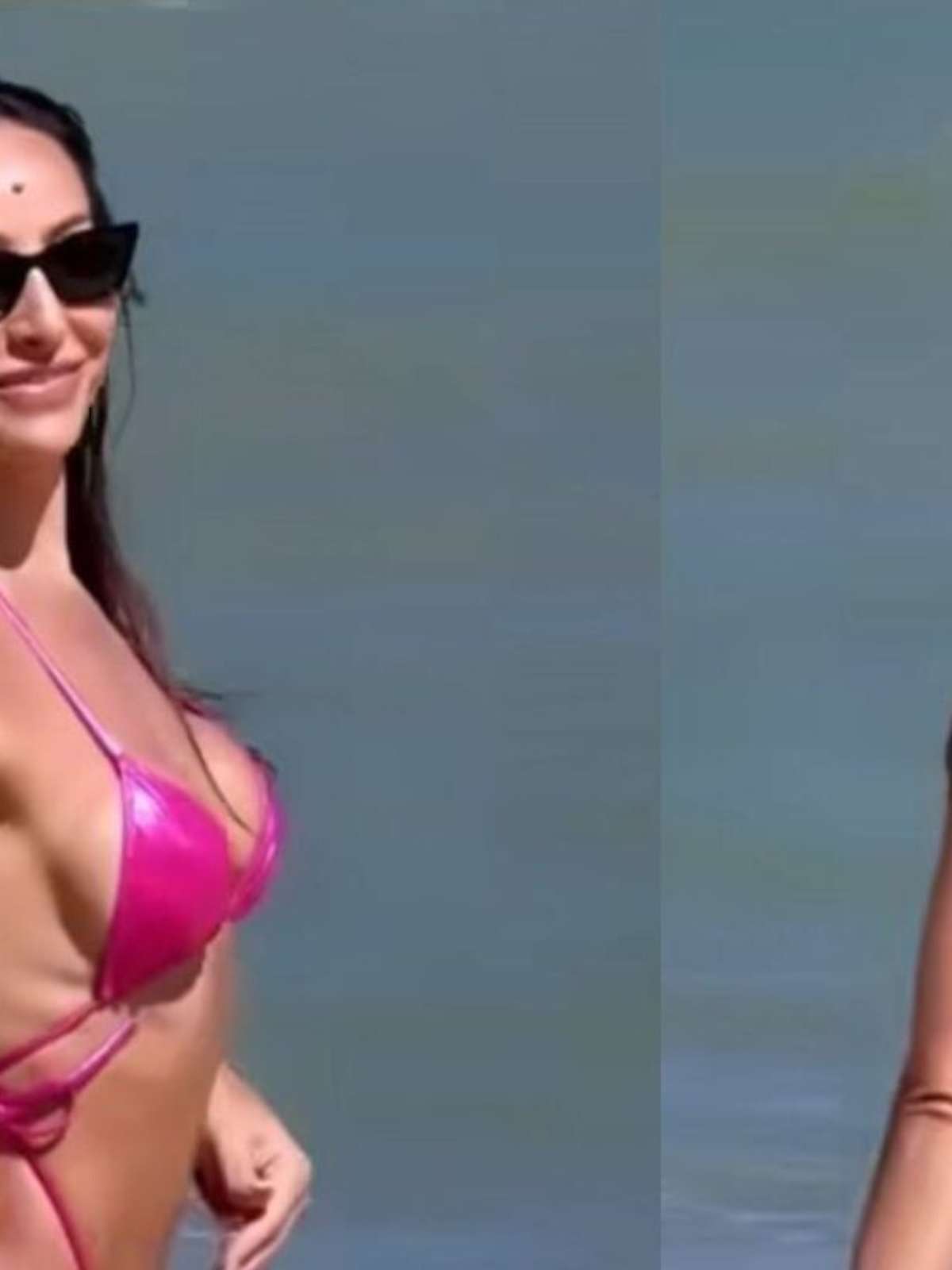 Sabrina Sato corre na praia, empina o bumbum com biquíni rosa cavadíssimo e  deixa fãs babando. Veja fotos!