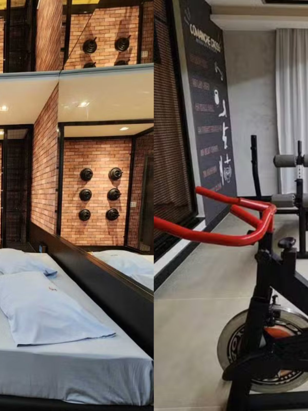 Motel cria sala fitness com bicicleta ergométrica e aparelho de musculação