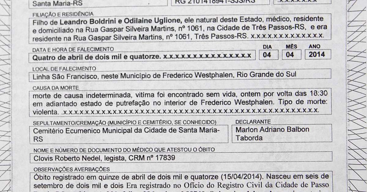 RS: atestado de óbito diz que Bernardo morreu no dia 4