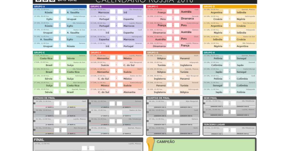 Copa do Mundo 2018: Confira tabela com datas e horários dos jogos