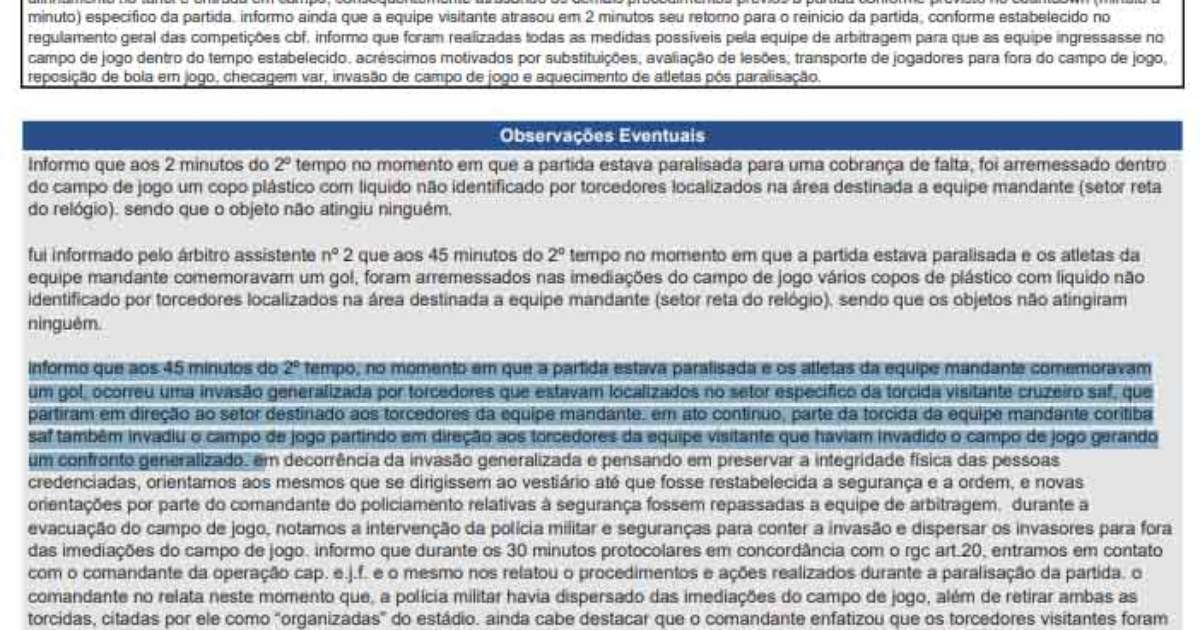 Árbitro, na súmula, chama invasão de torcidas de Cruzeiro e Coxa de briga generalizada