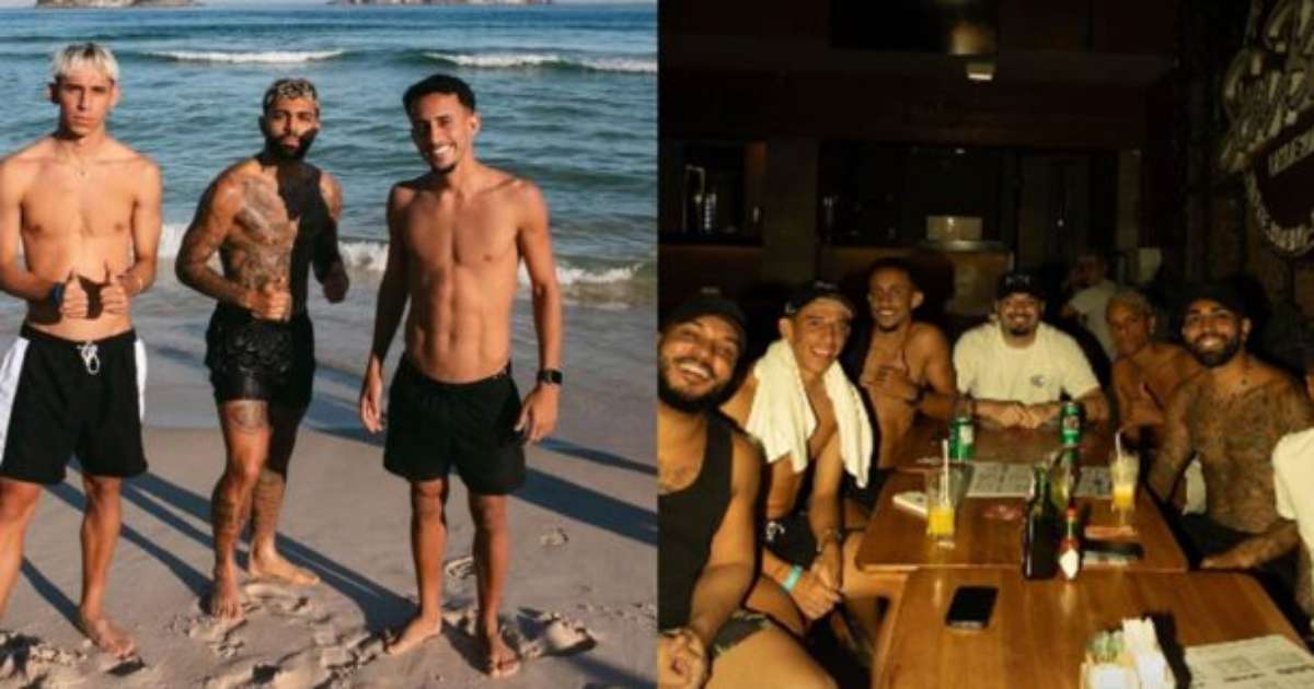 Gabigol aproveita folga ao lado de companheiros do Flamengo na praia do Rio.