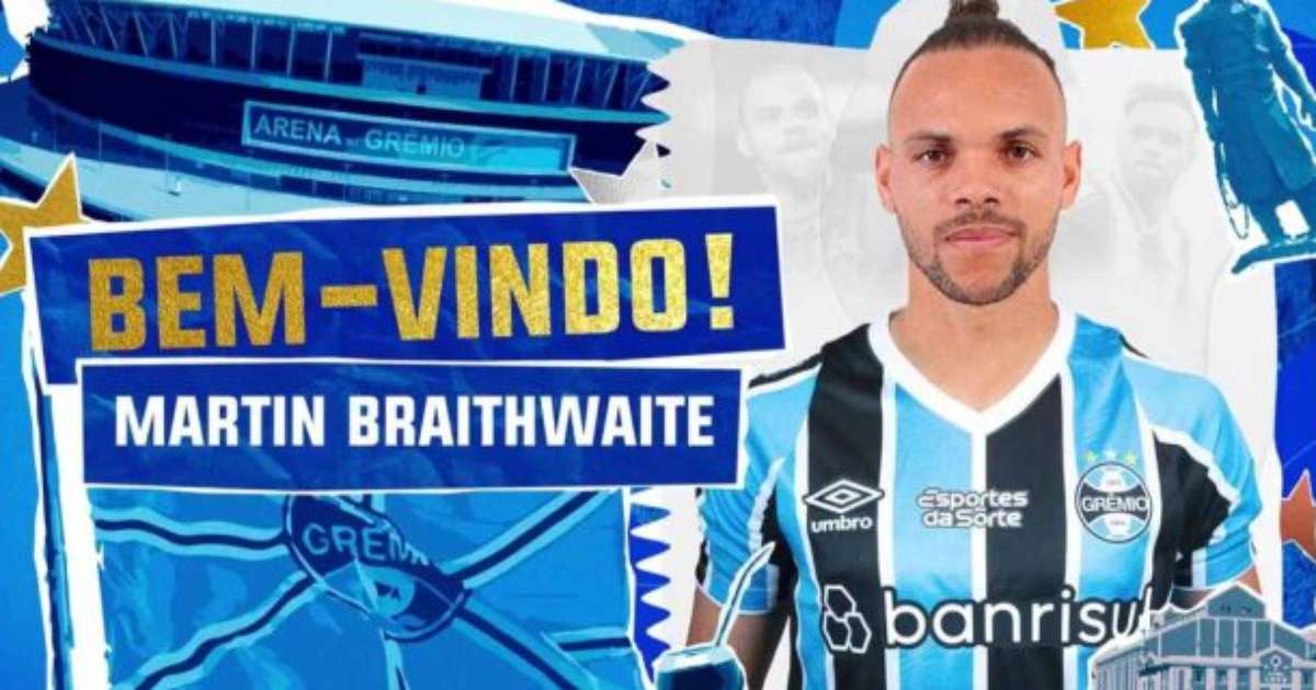 Grêmio reforça ataque com a contratação de Braithwaite, anúncio oficial no clube.