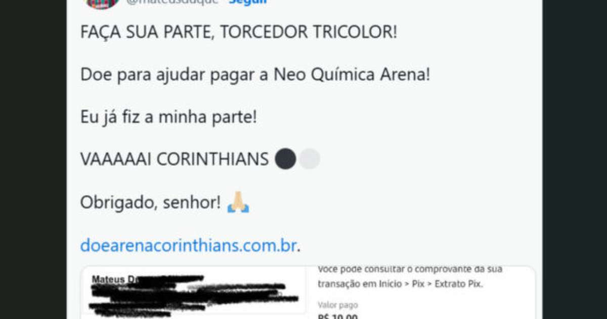 Gratidão! Torcedores do Fluminense fazem PIX para o Corinthians