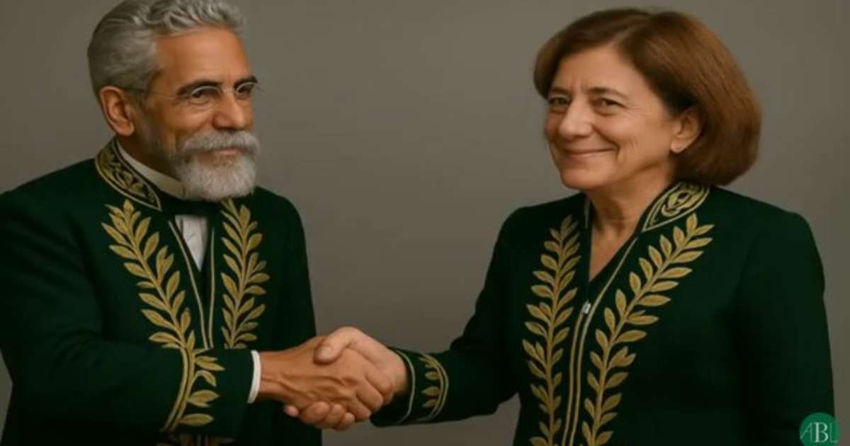 Imagem feita foi IA mostra Machado de Assis dando boas-vindas para Miriam Leitão na ABL