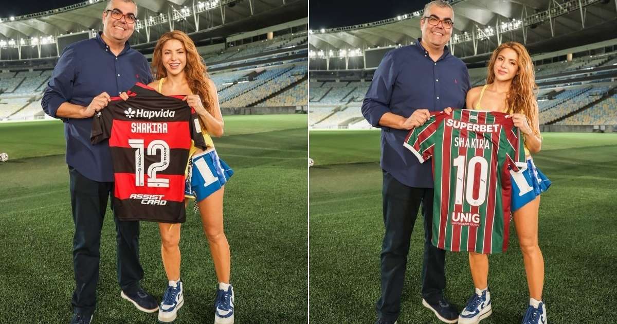 Modo boleira: Shakira ganha camisas de FlaFlu e autografa uniforme do Brasil