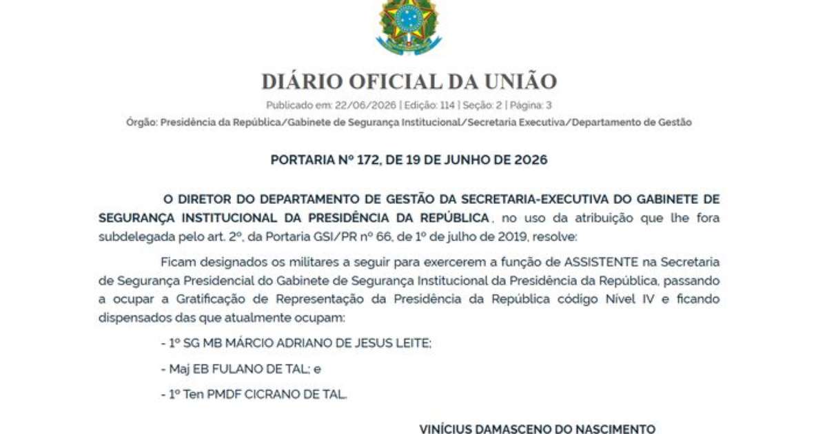 Cicrano GSI designa major 'Fulano de tal' e tenente 'Cicrano de tal' para ...