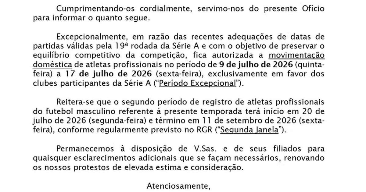 CBF Anuncia Janela Extraordinária para Reforços Nacionais na Série A e Atualiza Cronograma da Temporada